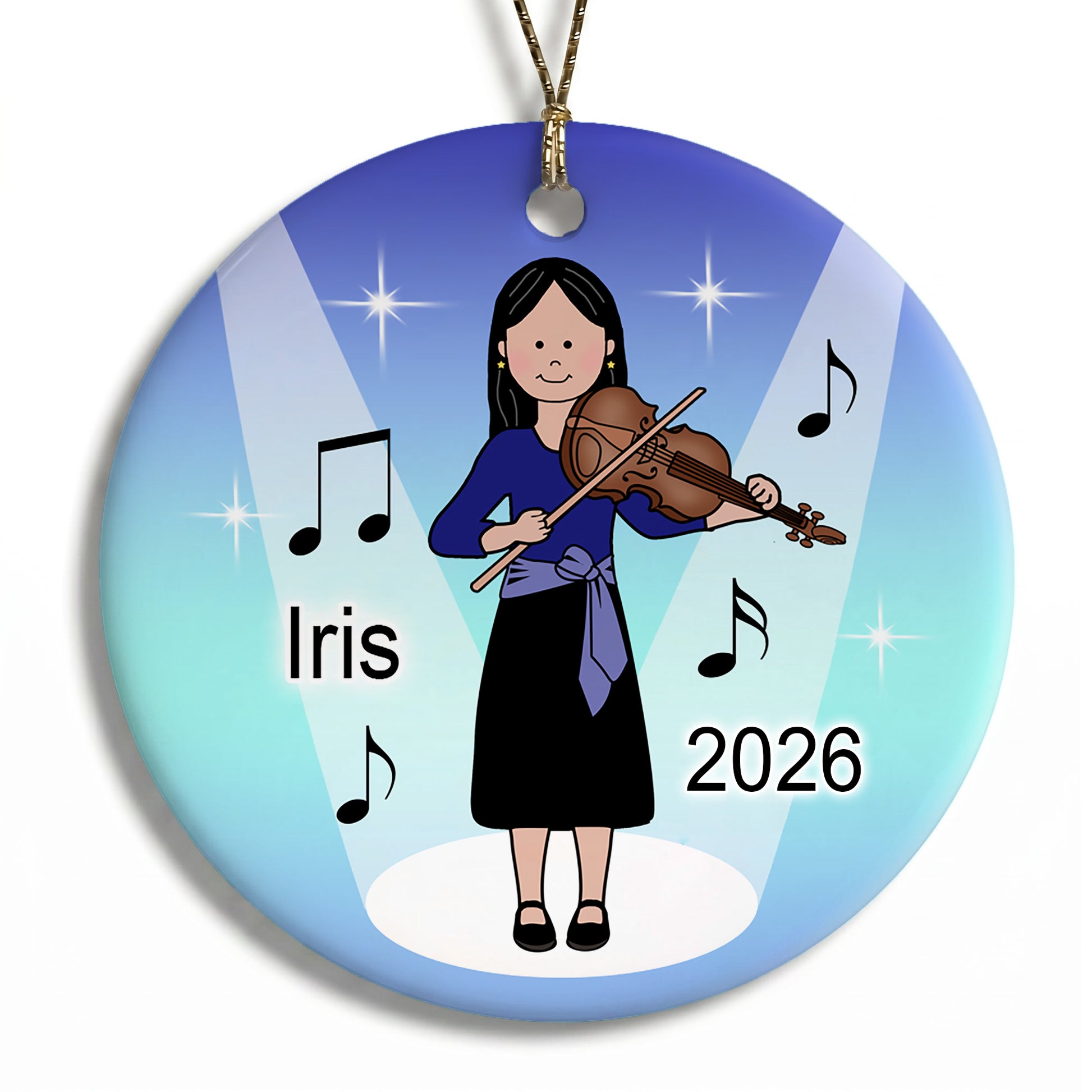 Violin Girl Personalized Christmas Ornament - Black Hair