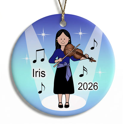 Violin Girl Personalized Christmas Ornament - Black Hair