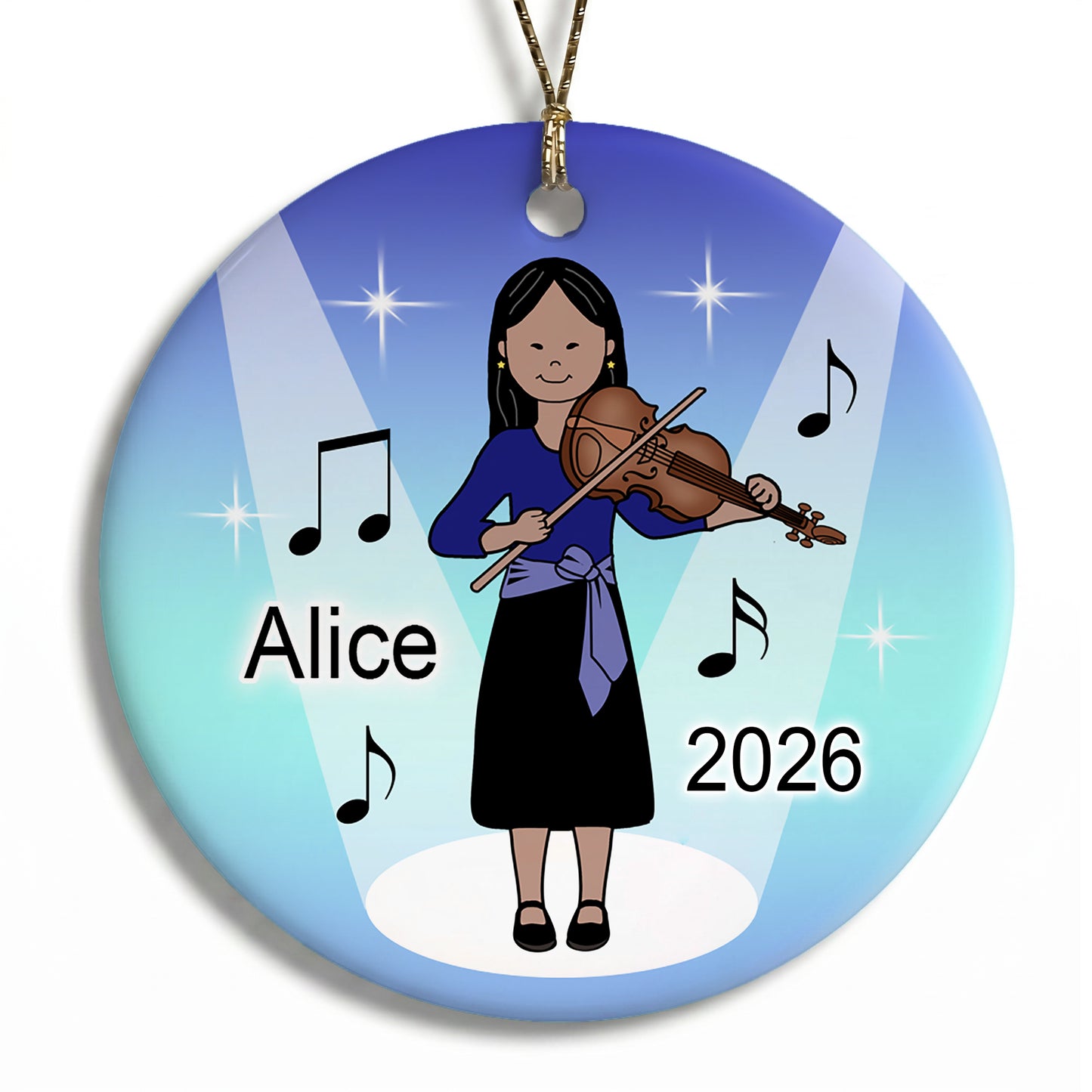 Violin Girl Personalized Christmas Ornament - Asian with medium skin