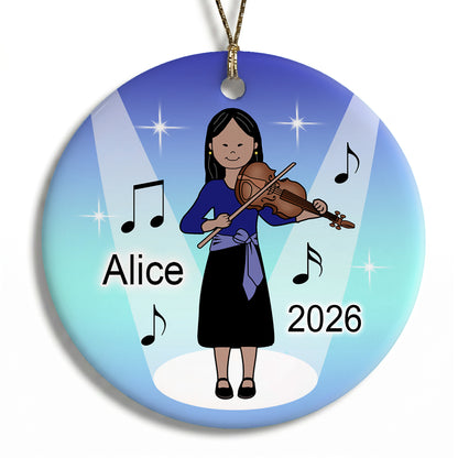 Violin Girl Personalized Christmas Ornament - Asian with medium skin