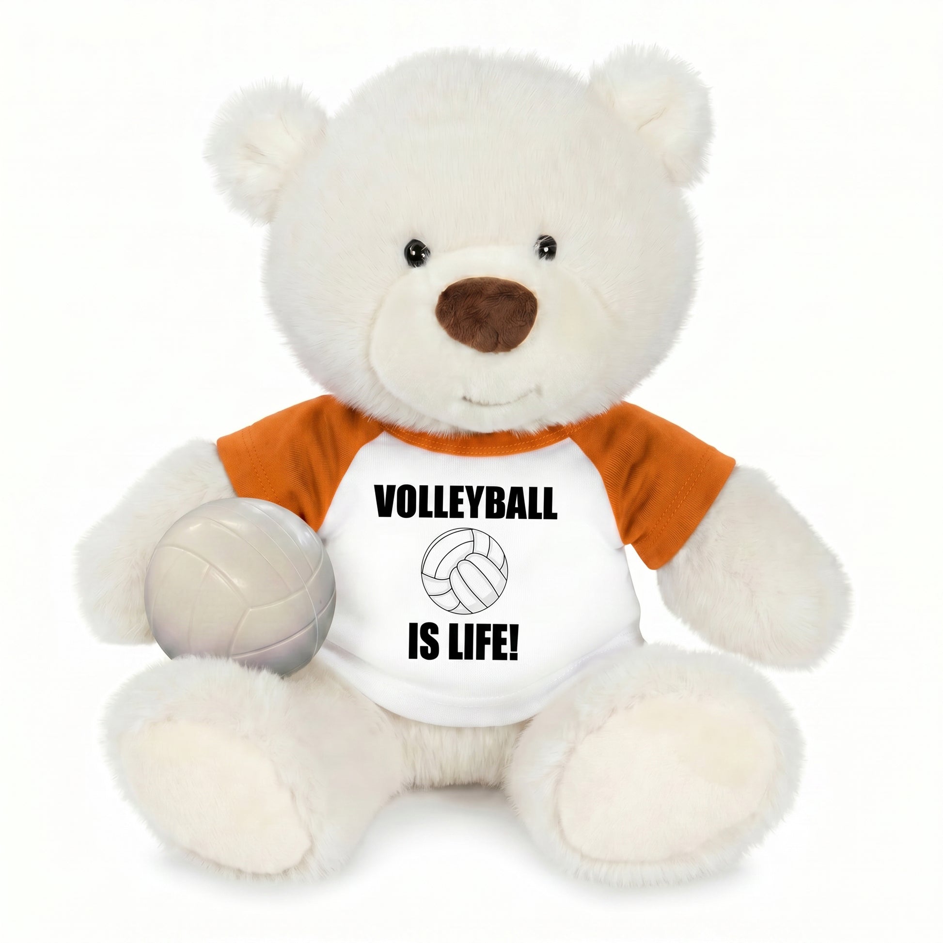 Personalized Volleyball Teddy Bear - 10 Inch White Nuzzles Bear - Orange Shirt