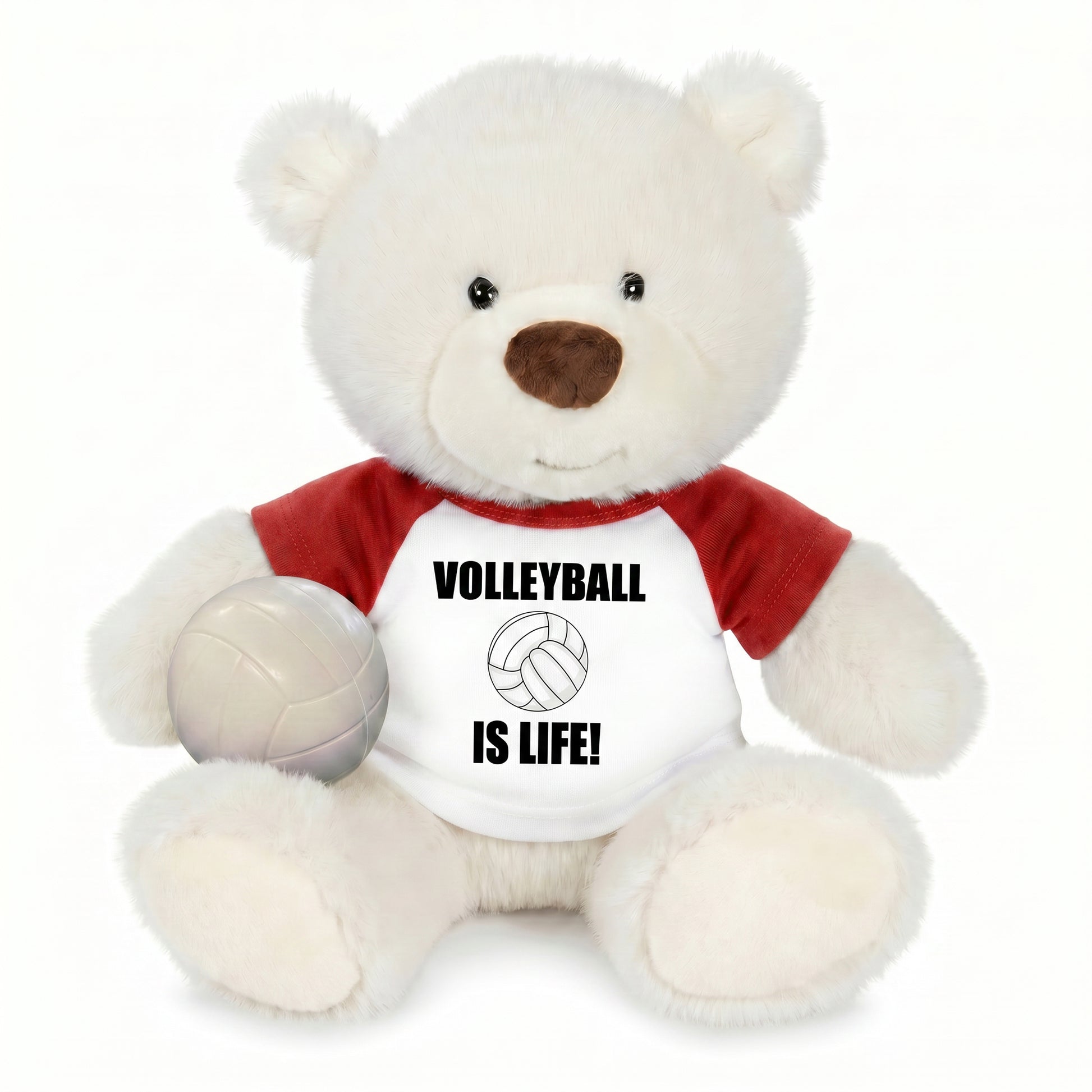 Personalized Volleyball Teddy Bear - 10 Inch White Nuzzles Bear - Red Shirt