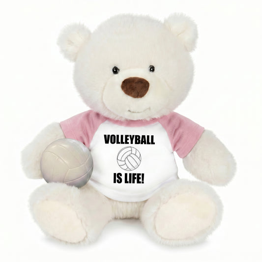Personalized Volleyball Teddy Bear - 10 Inch White Nuzzles Bear - Pink Shirt