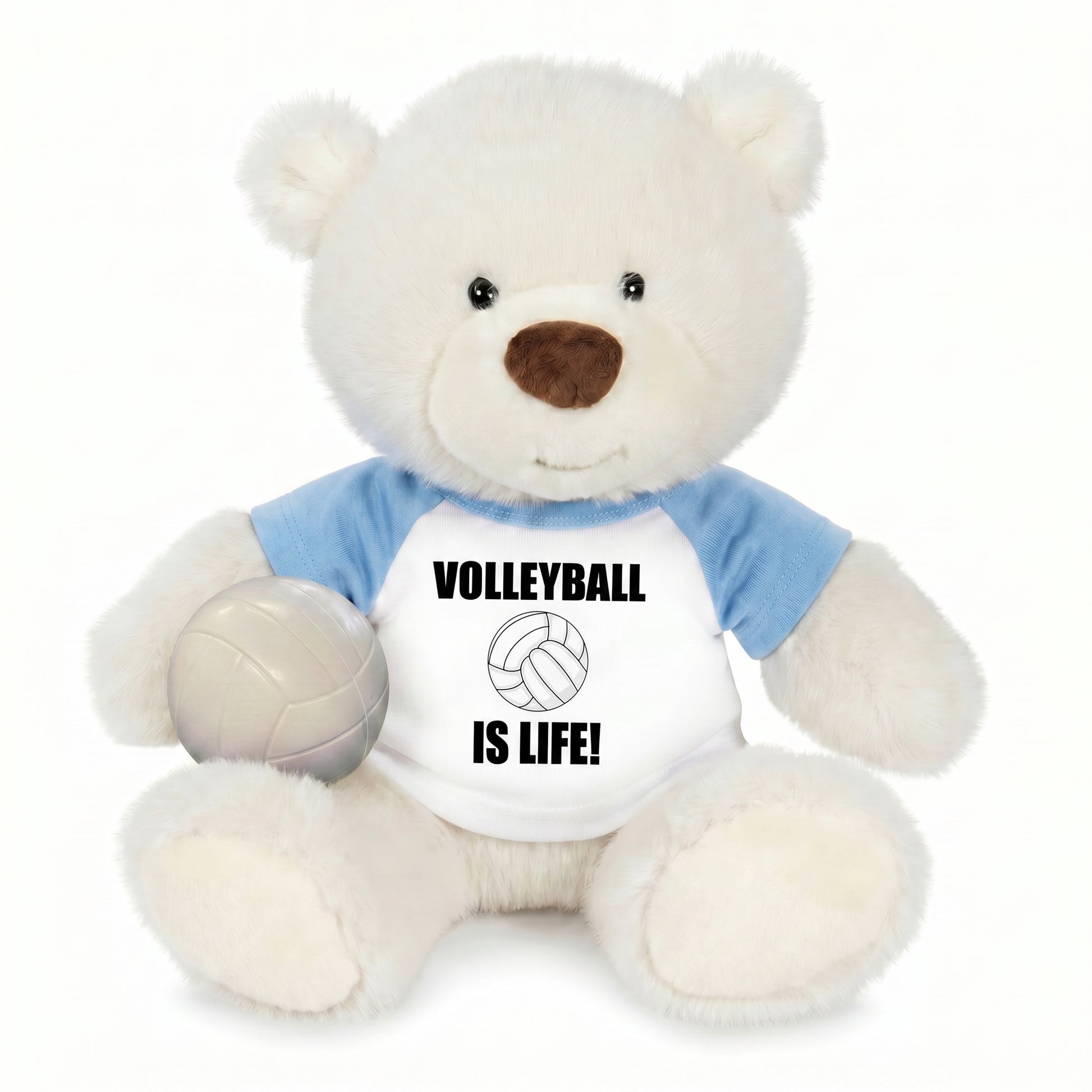 Personalized Volleyball Teddy Bear - 10 Inch White Nuzzles Bear - Light Blue Shirt