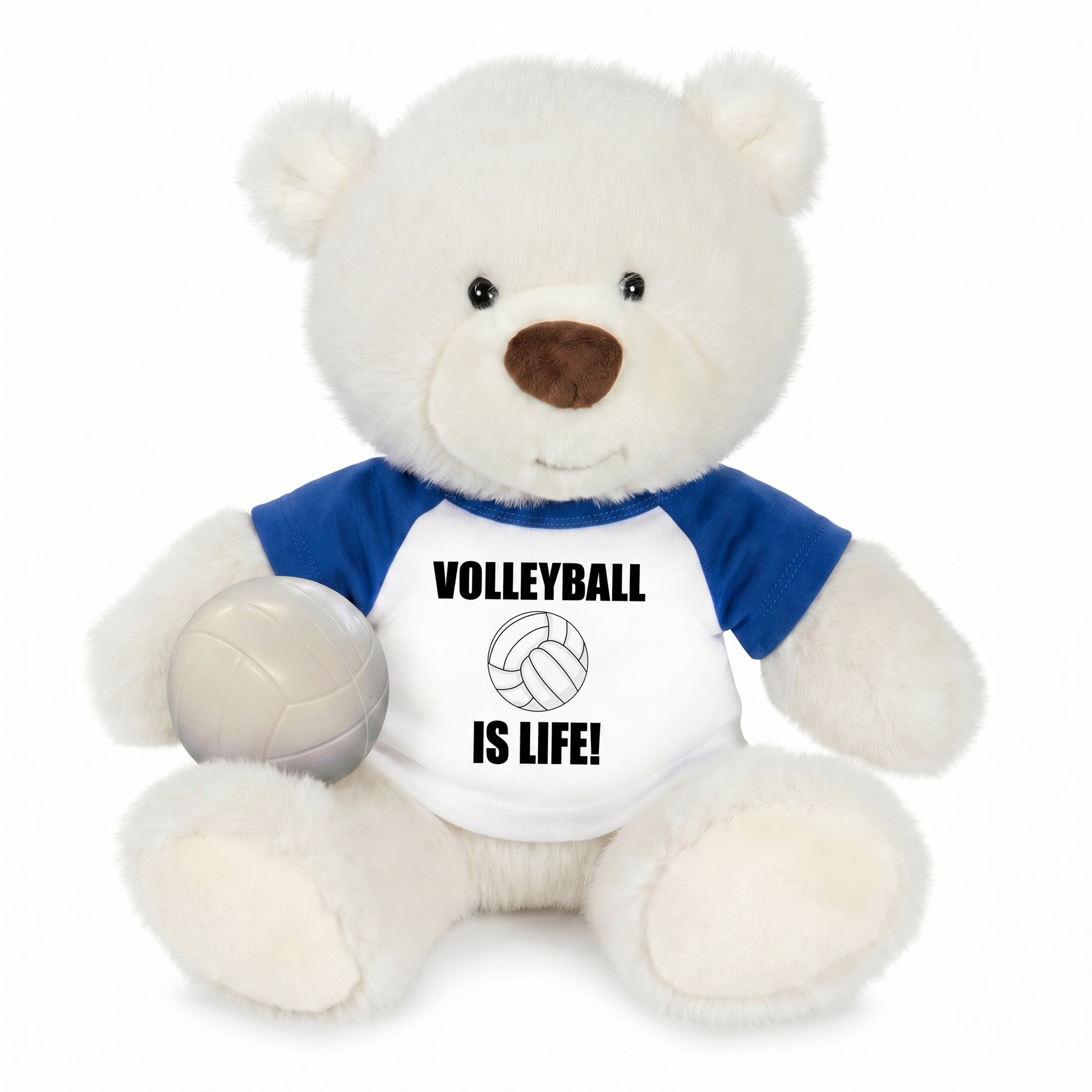 Personalized Volleyball Teddy Bear - 10 Inch White Nuzzles Bear - Royal Blue Shirt