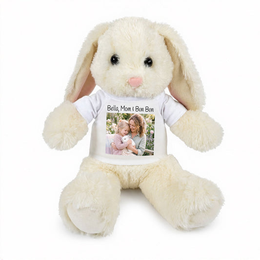 Personalized Stuffed White 13 inch Bunny Rabbit with Photo and/or Text - White Shirt