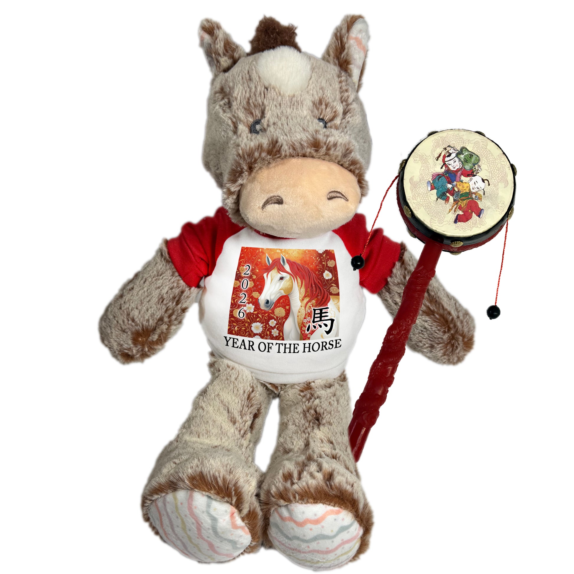 Chinese Zodiac Year of the Horse 2026 Stuffed Animal - 12 inch Plush Ebba Pony with mini drum noisemaker