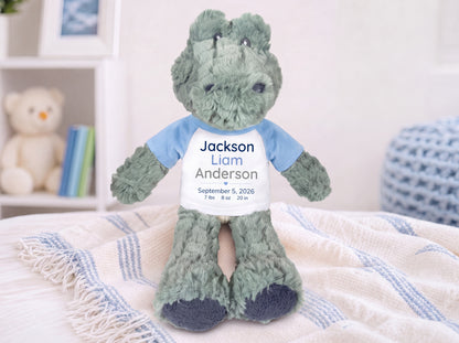 Personalized Stuffed Alligator for Baby Boy or Girl - 12" Ebba Plush Alli Gator - Custom printed with name, birth date, weight, and length
