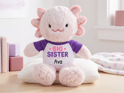 Personalized Big Sister Stuffed Axolotyl - 12 Inch Plush Axolytl - Choose from fun shirt and design colors and customize with any name