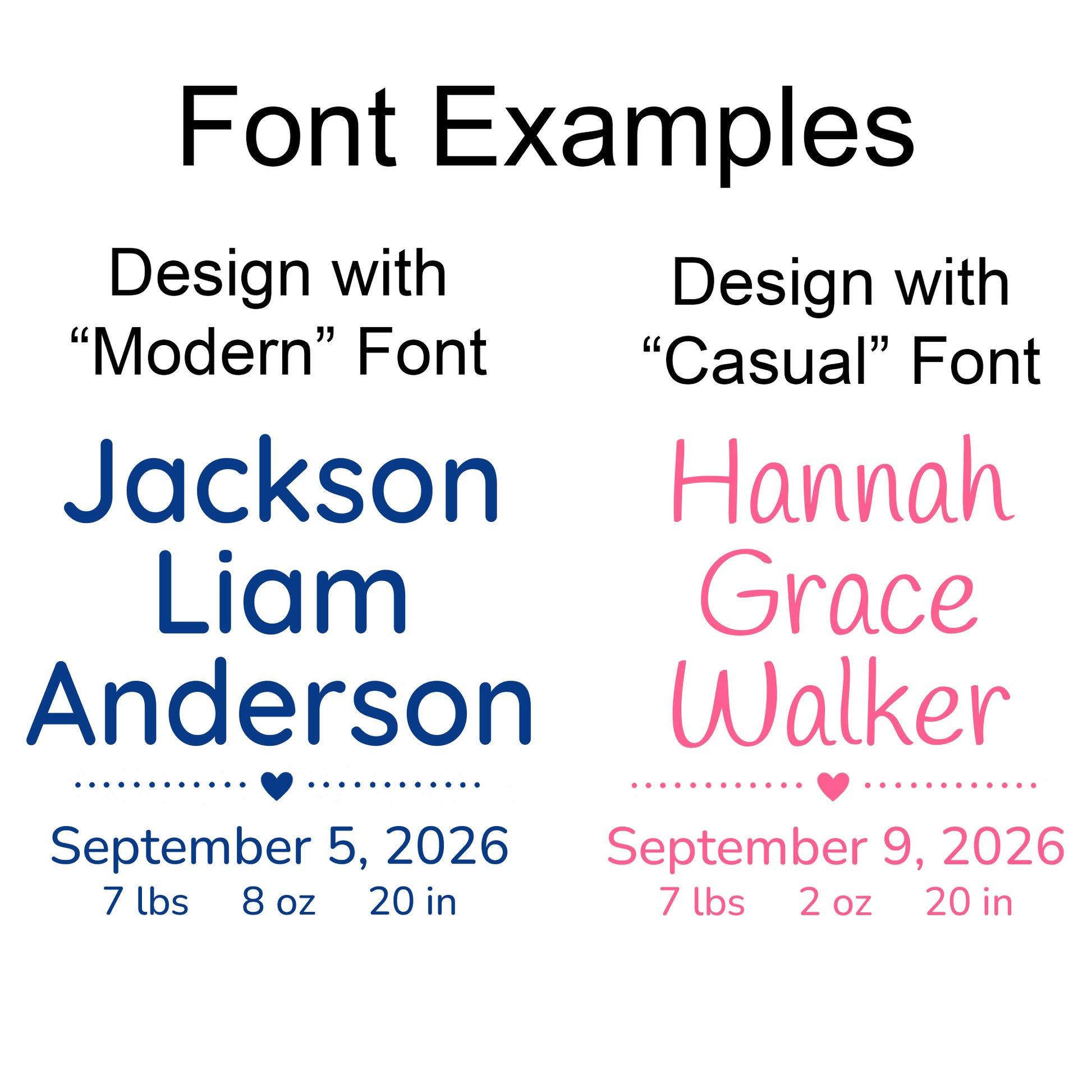 Font choices for personalized baby stuffed animals