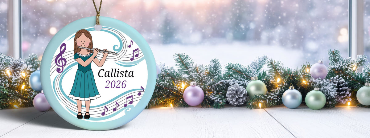 Personalized Christmas ornaments featuring kids activities - music, piano, flute, guitar, drums, sports, lacrosse, soccer, karate, dance, swimming, cheerleading, horseback riding, gymnastics,and more.