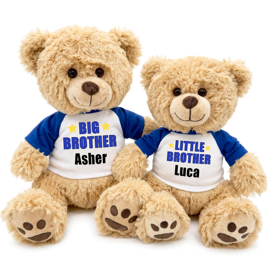 Big Brother / Little Brother Personalized Teddy Bears - Set of 2 Honey Bears, Royal Blue Shirts