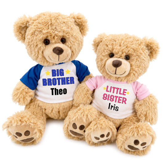 Big Brother / Little Sister Personalized Teddy Bears - Set of 2 Honey Bears - Royal Blue / Pink