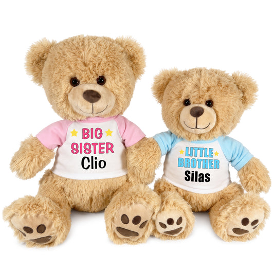 Big Sister / Little Brother Personalized Teddy Bears - Set of 2 Honey Bears - Pink/Light Blue