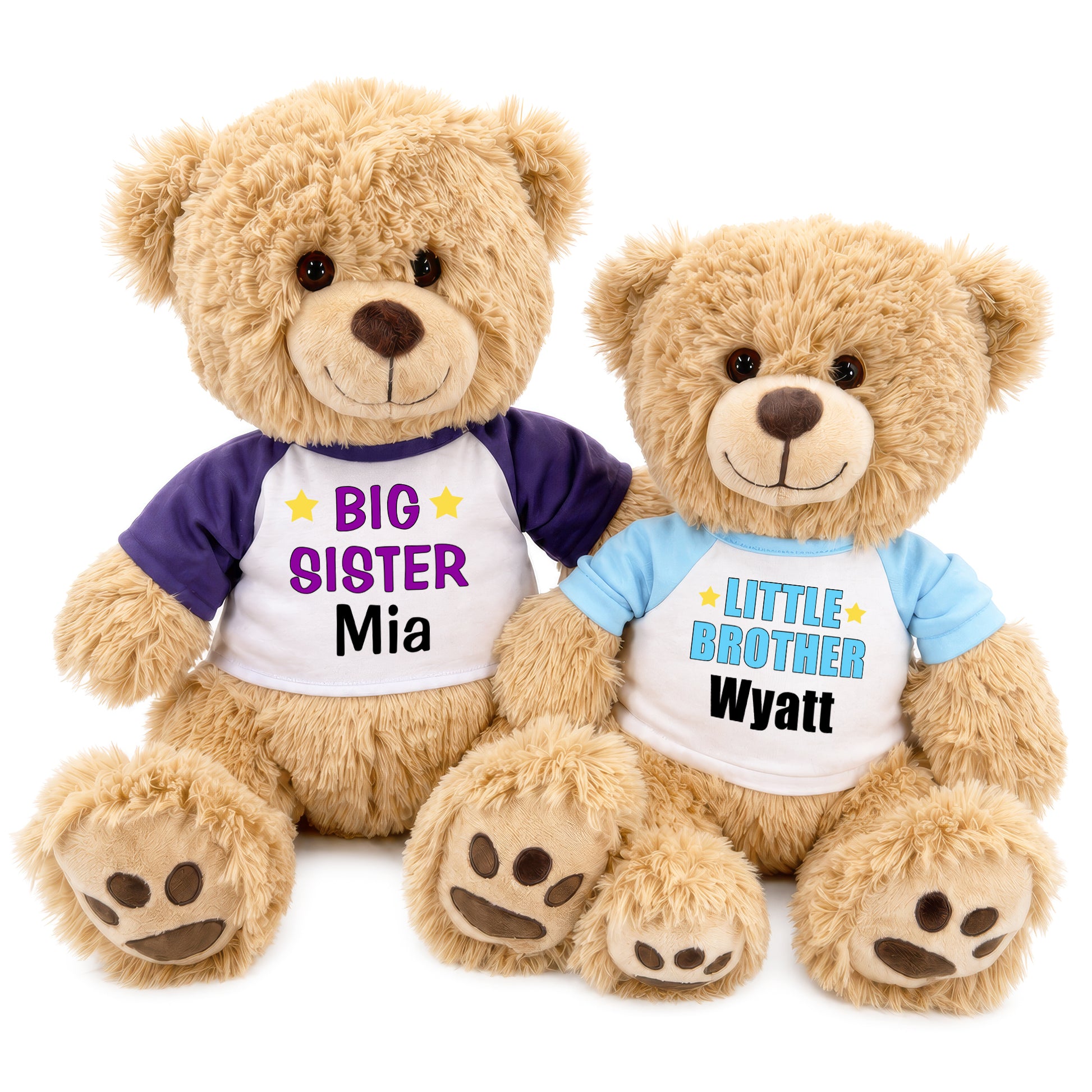 Big Sister / Little Brother Personalized Teddy Bears - Set of 2 Honey Bears - Purple / Light Blue