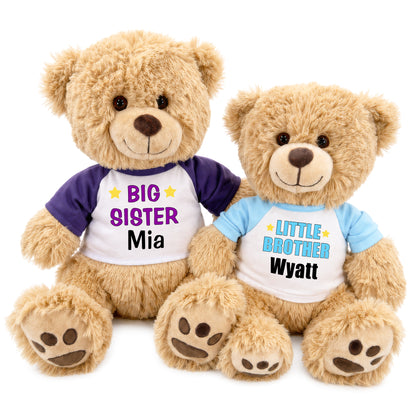 Big Sister / Little Brother Personalized Teddy Bears - Set of 2 Honey Bears - Purple / Light Blue