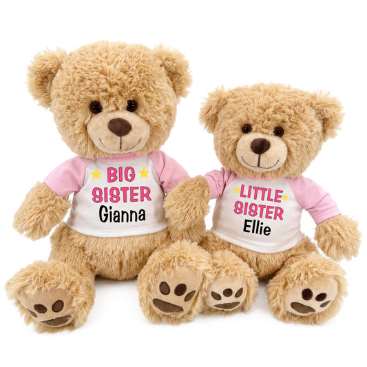 Big Sister / Little Sister Personalized Teddy Bears - Set of 2 Honey Bears - Pink/Pink