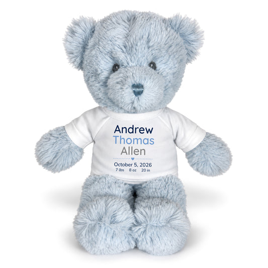Personalized Teddy Bear for Baby Boy- 12" Blue Baby Bear - White Shirt w/Blue & Grey Design, 