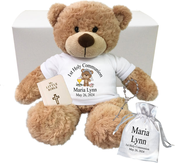 First Communion Teddy Bear Gift Set - Personalized 13" Bonny Bear
