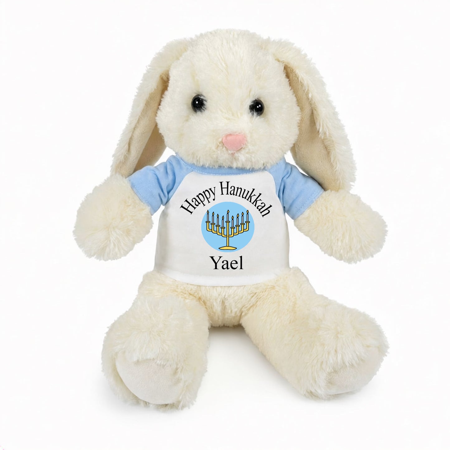 Personalized Hanukkah Bunny - 13 Inch Plush White Rabbit - Light Blue