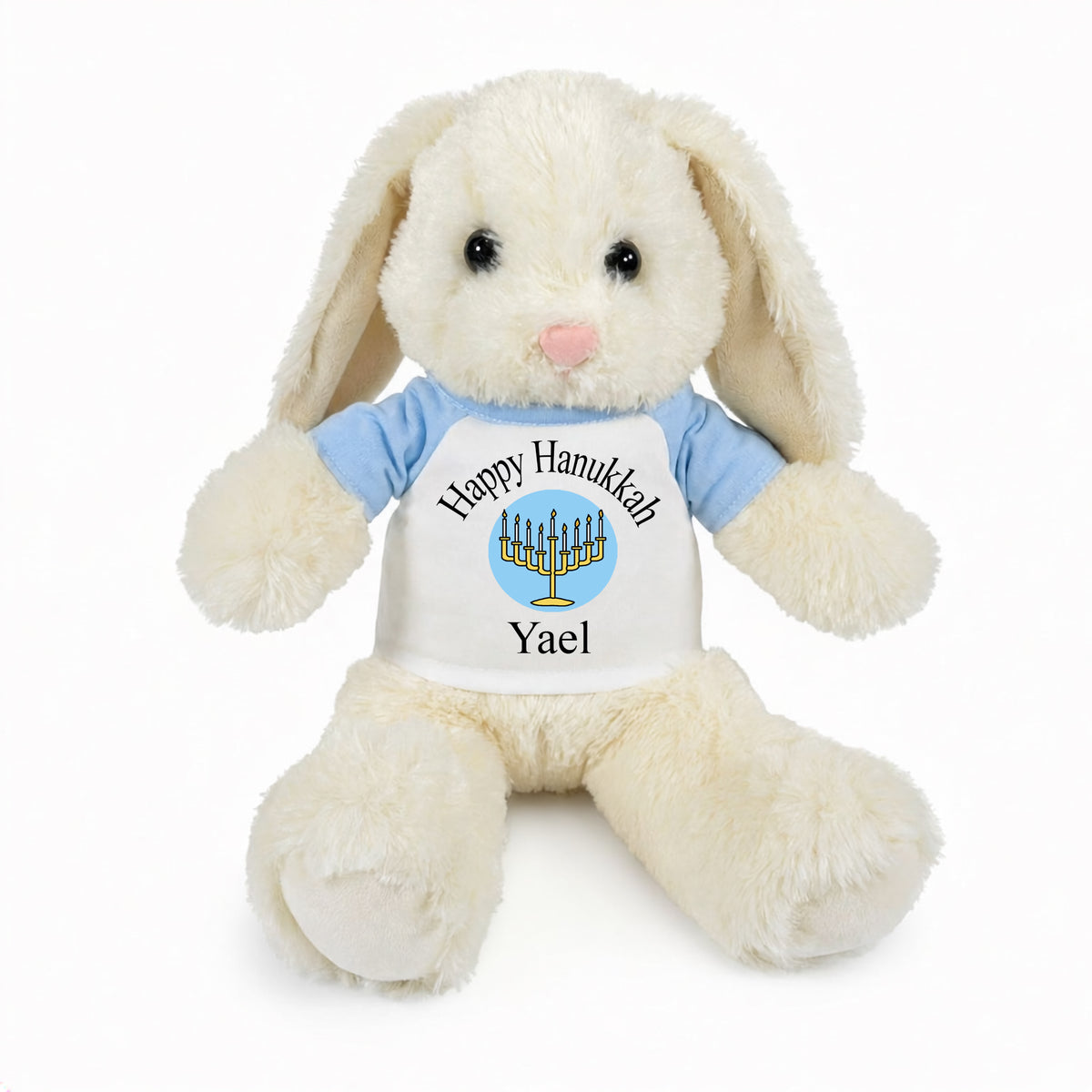 Personalized Hanukkah Bunny - 13 Inch Plush White Rabbit - Light Blue