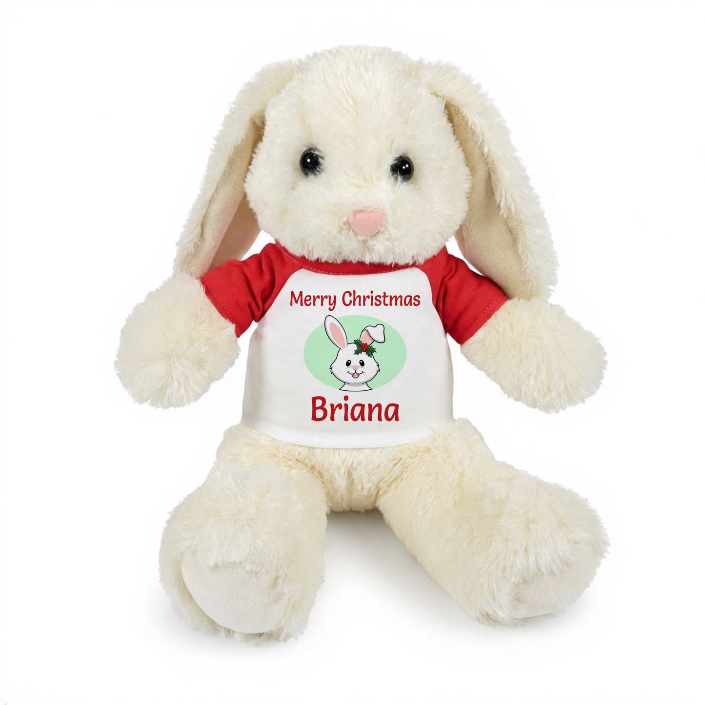Personalized Christmas Stuffed Bunny - 13 Inch Plush White Rabbit - Red Shirt