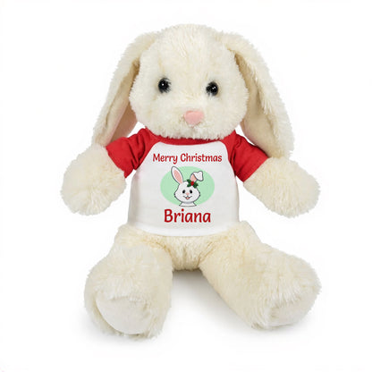 Personalized Christmas Stuffed Bunny - 13 Inch Plush White Rabbit - Red Shirt