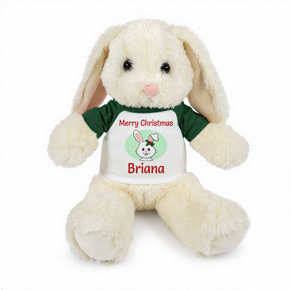 Personalized Christmas Stuffed Bunny - 13 Inch Plush White Rabbit - Green Shirt