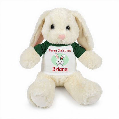 Personalized Christmas Stuffed Bunny - 13 Inch Plush White Rabbit - Green Shirt