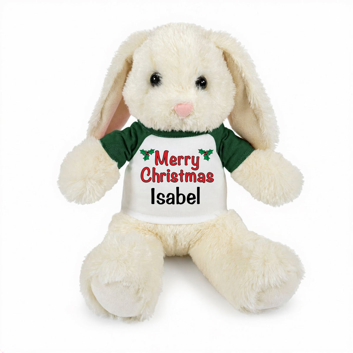 Personalized Christmas Stuffed Bunny - 13 Inch Plush White Rabbit - Green Shirt, Text Design