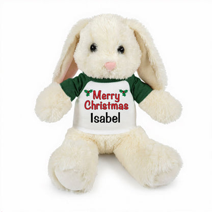 Personalized Christmas Stuffed Bunny - 13 Inch Plush White Rabbit - Green Shirt, Text Design