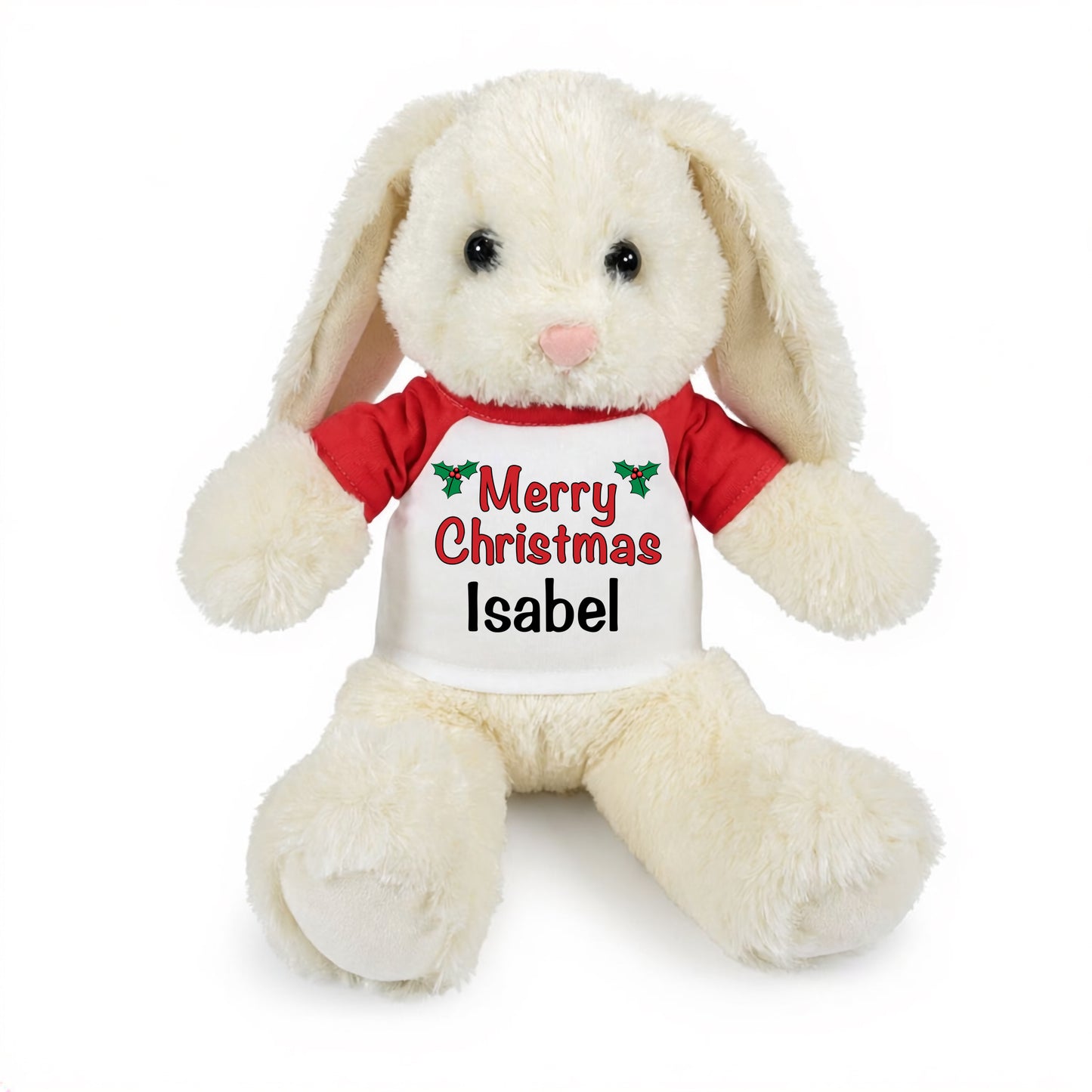 Personalized Christmas Stuffed Bunny - 13 Inch Plush White Rabbit - Red Shirt - Text Design