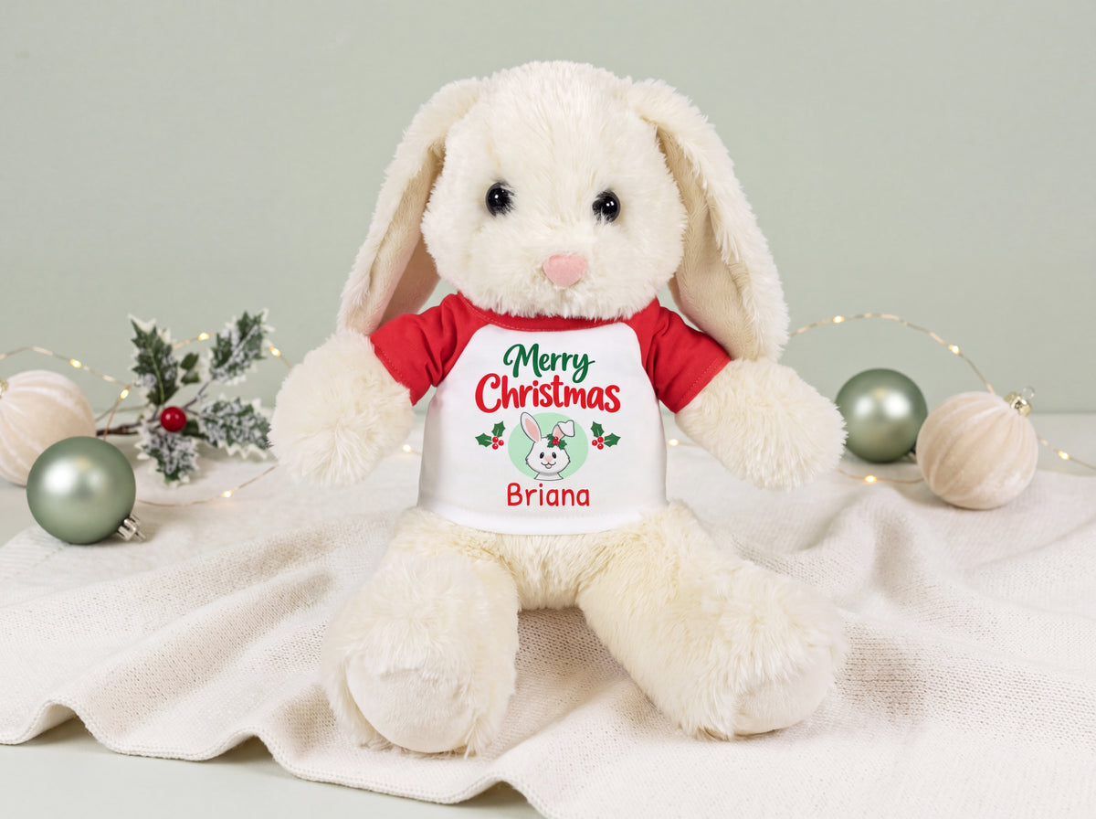 Personalized Christmas Stuffed Bunny - 13 Inch Plush White Rabbit