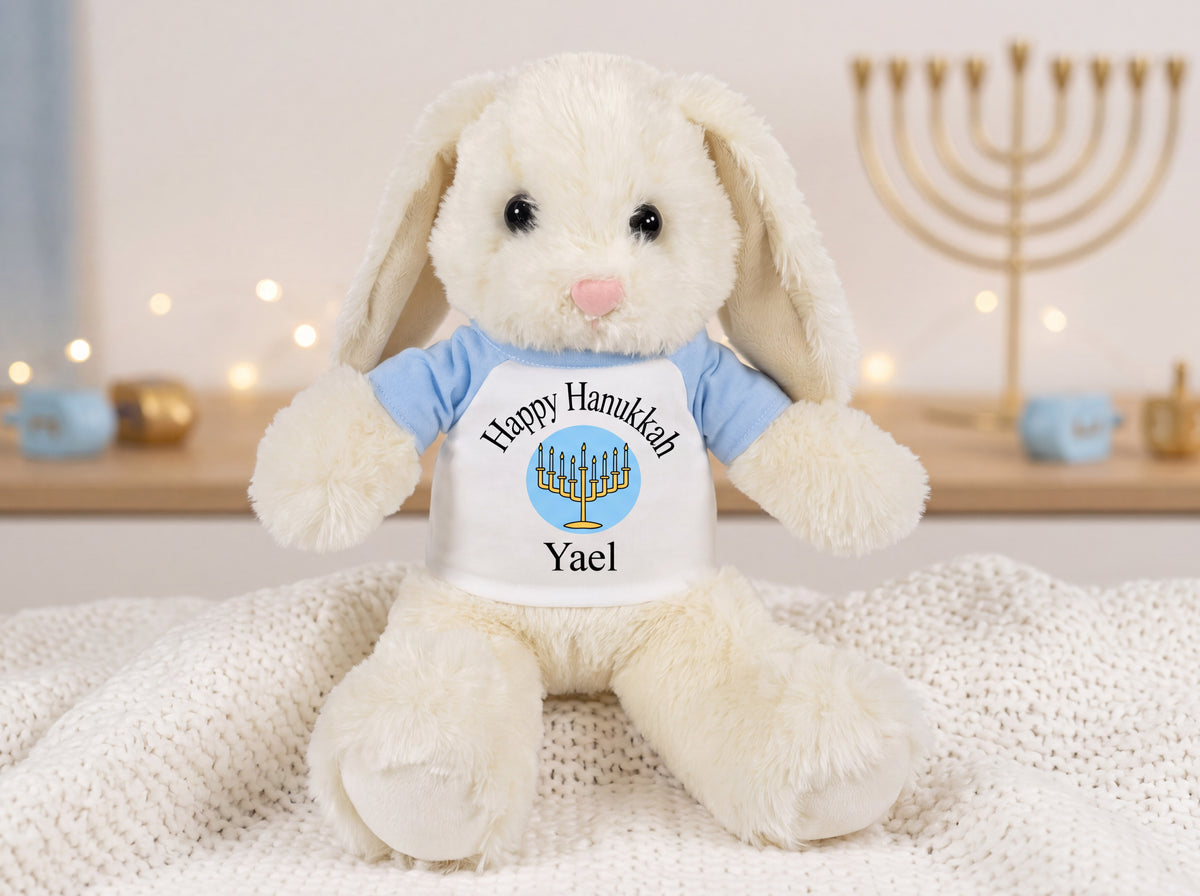 Personalized Hanukkah Bunny - 13 Inch Plush White Rabbit - Custom Hanukkah Gift