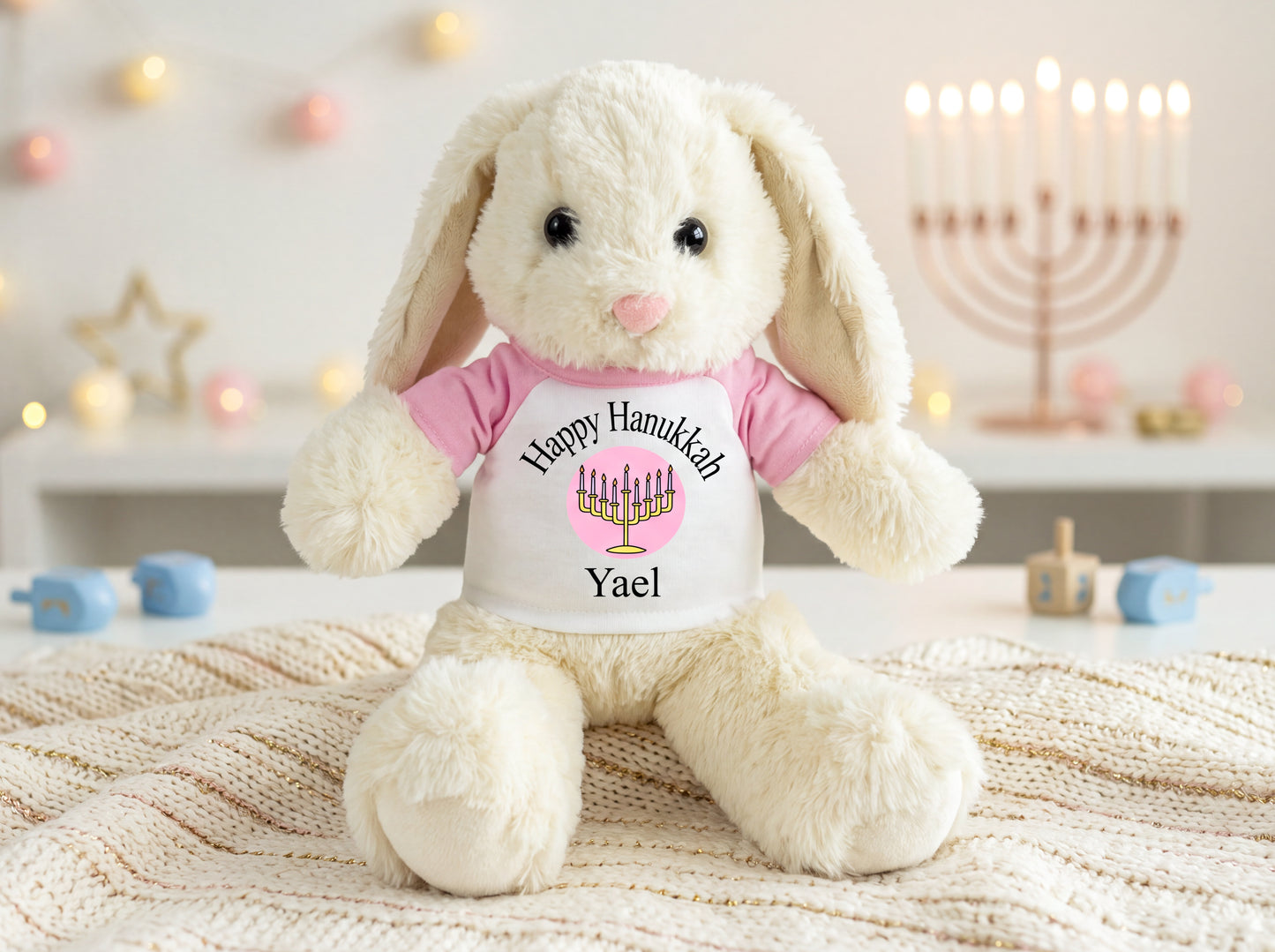 Personalized Hanukkah Bunny - 13 Inch Plush White Rabbit - Custom Hanukkah Gift