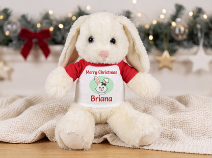 Personalized Christmas Stuffed Bunny - 13 Inch Plush White Rabbit - Custom Christmas Gift