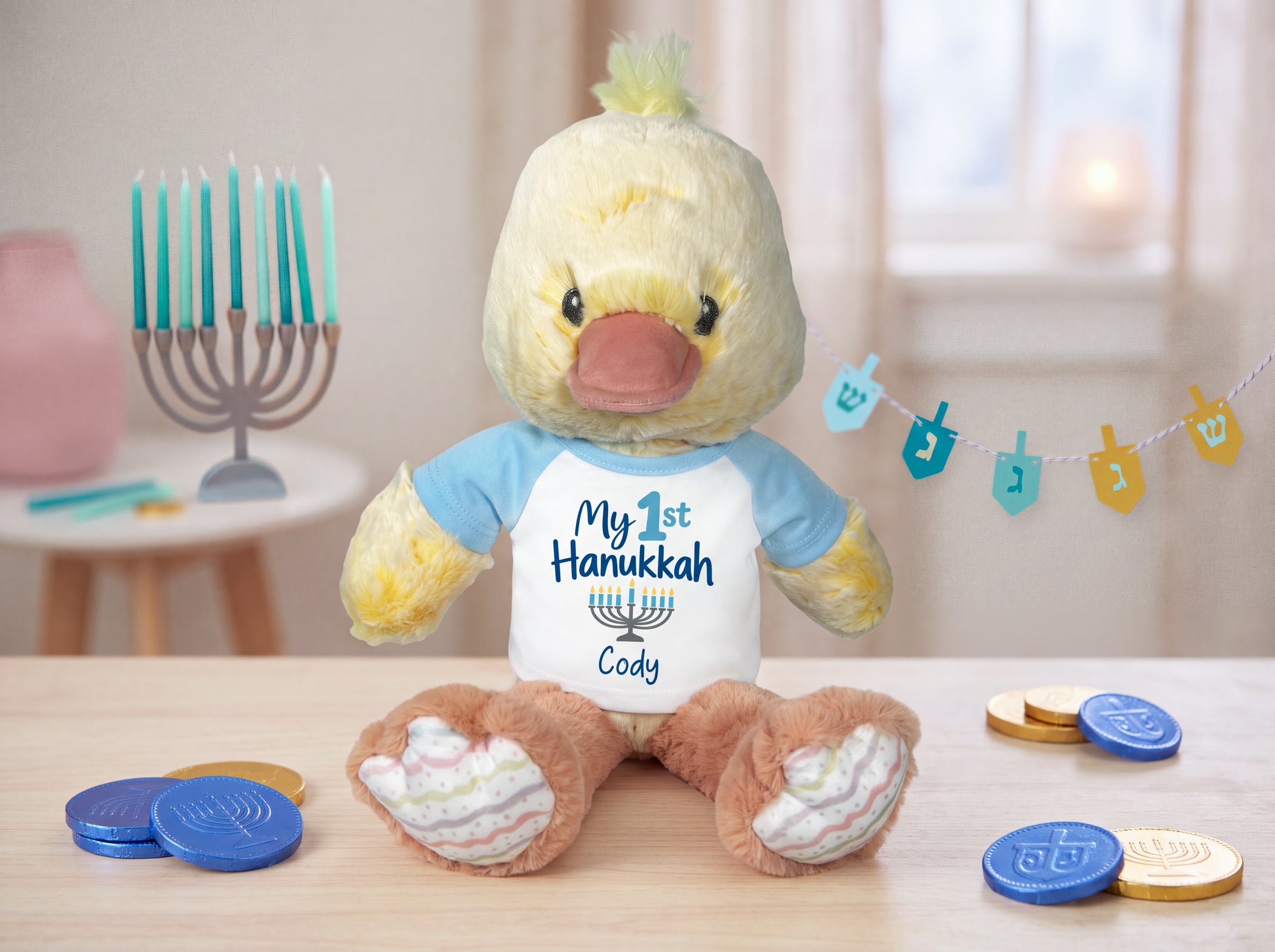 Personalized Hanukkah Stuffed Duck - 12 Inch Plush Dani Duck - Happy Hanukkah or My 1st Hanukkah design, Custom Hanukkah Gift