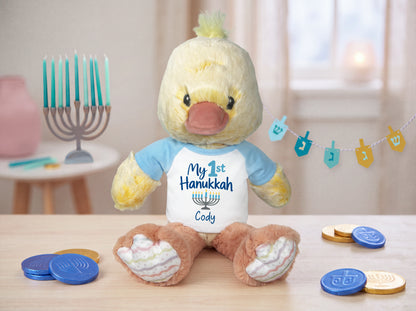 Personalized Hanukkah Stuffed Duck - 12 Inch Plush Dani Duck - Happy Hanukkah or My 1st Hanukkah design, Custom Hanukkah Gift