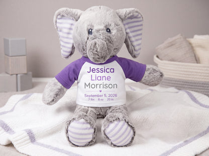 Personalized Stuffed Elephant for Baby Girl or Boy - 12 Inch Elvin Elephant - Custom Printed with Name, birth date, weight, and length, perfect baby gift