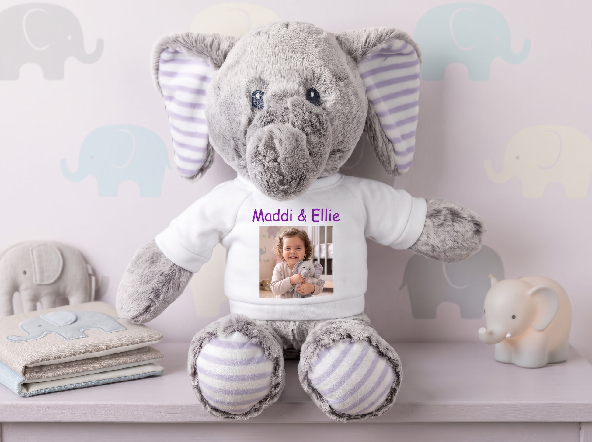 Personalized Stuffed Elephant - 12 Inch Elvin Elephant by Ebba Plush, with your custom photo and/or text