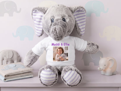 Personalized Stuffed Elephant - 12 Inch Elvin Elephant by Ebba Plush, with your custom photo and/or text