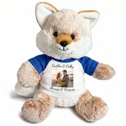 Personalized Stuffed Fox - 11 Inch Fancy Fox with Photo & Text - Royal Blue Shirt
