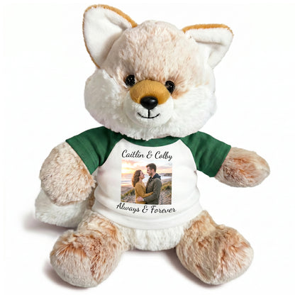 Personalized Stuffed Fox - 11 Inch Fancy Fox with Photo & Text - Green Shirt