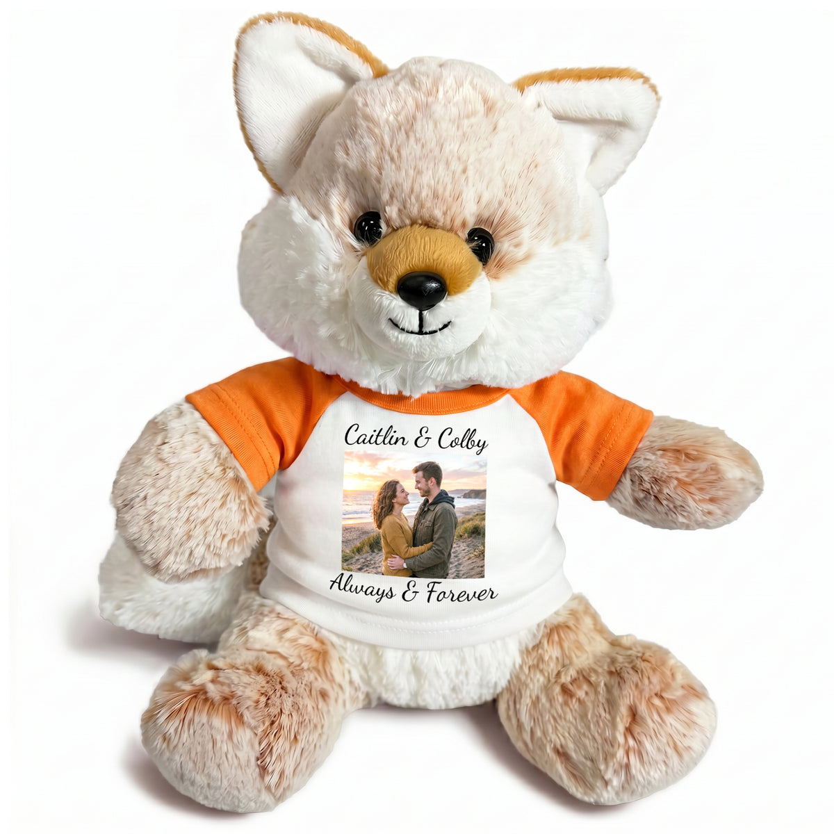 Personalized Stuffed Fox - 11 Inch Fancy Fox with Photo & Text - Orange Shirt