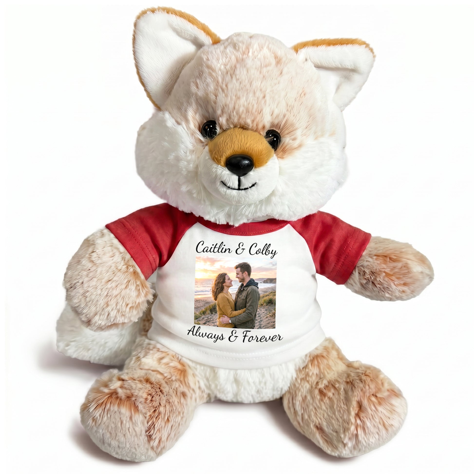 Personalized Stuffed Fox - 11 Inch Fancy Fox with Photo & Text - Red Shirt