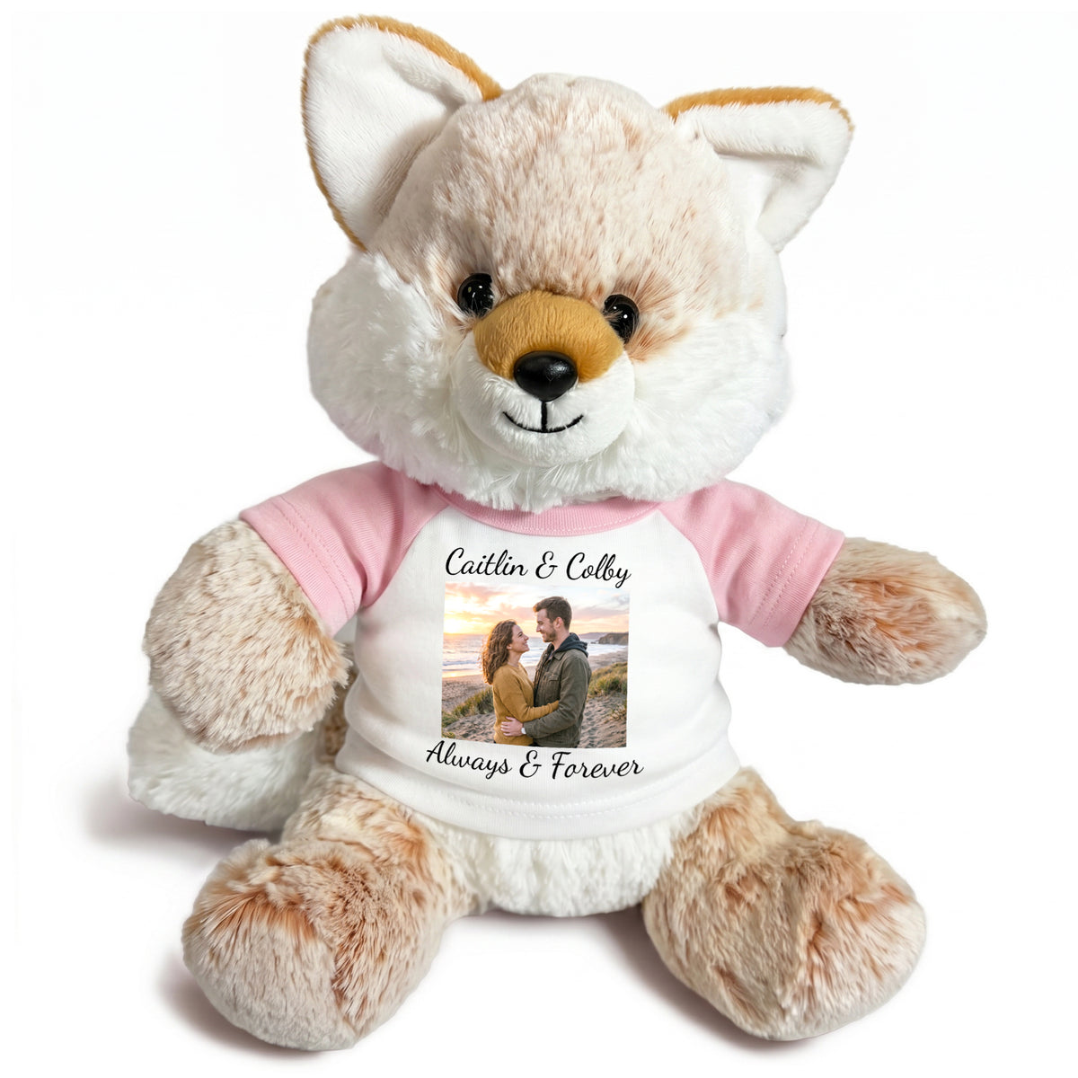 Personalized Stuffed Fox - 11 Inch Fancy Fox with Photo & Text - Pink Shirt