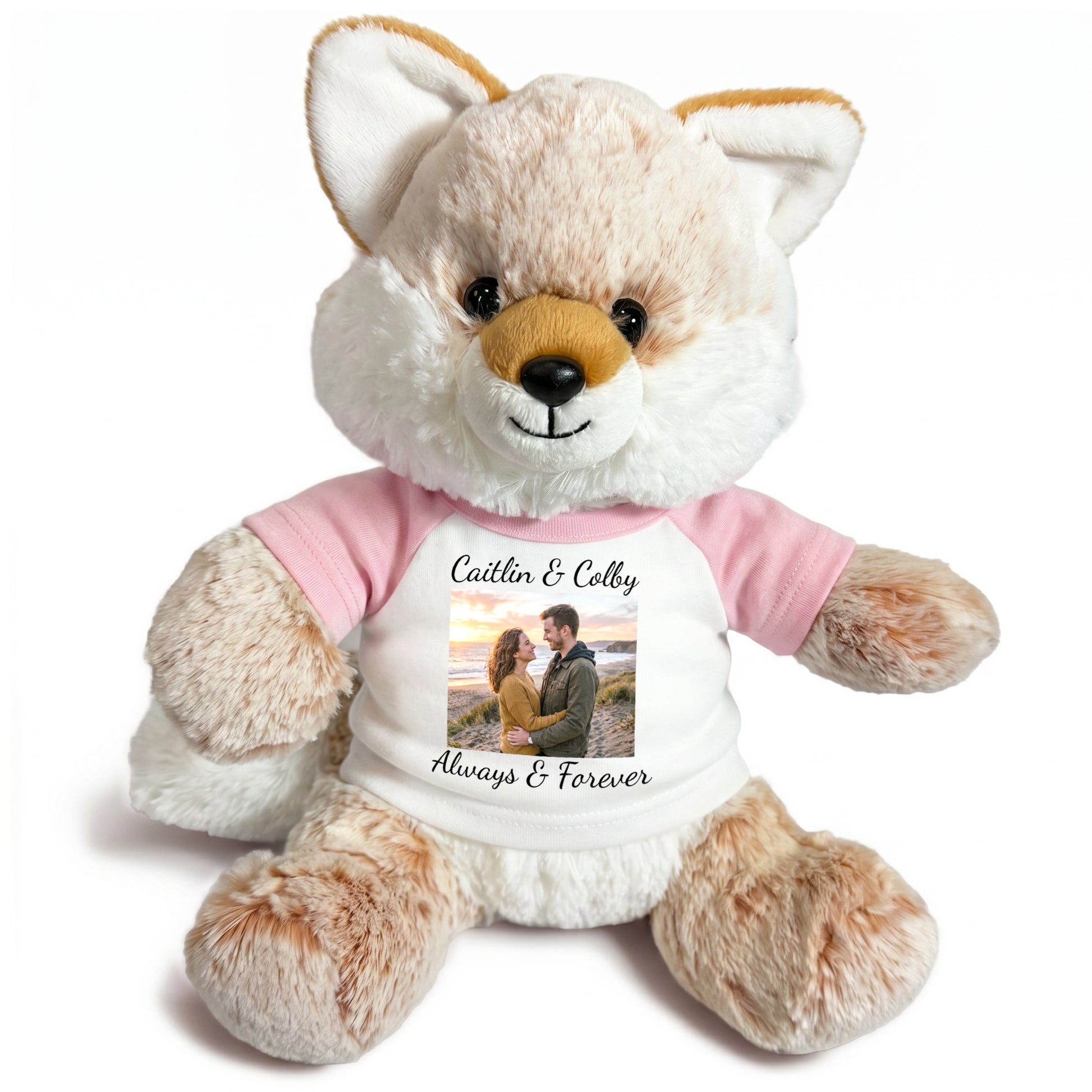 Personalized Stuffed Fox - 11 Inch Fancy Fox with Photo & Text - Pink Shirt