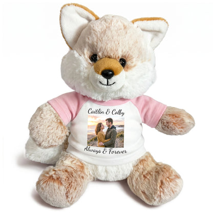 Personalized Stuffed Fox - 11 Inch Fancy Fox with Photo & Text - Pink Shirt