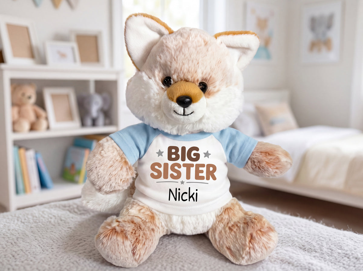 Personalized Big Sister Stuffed Fox - 11 Inch Plush Fancy Fox - Custom Gift for Big Sister