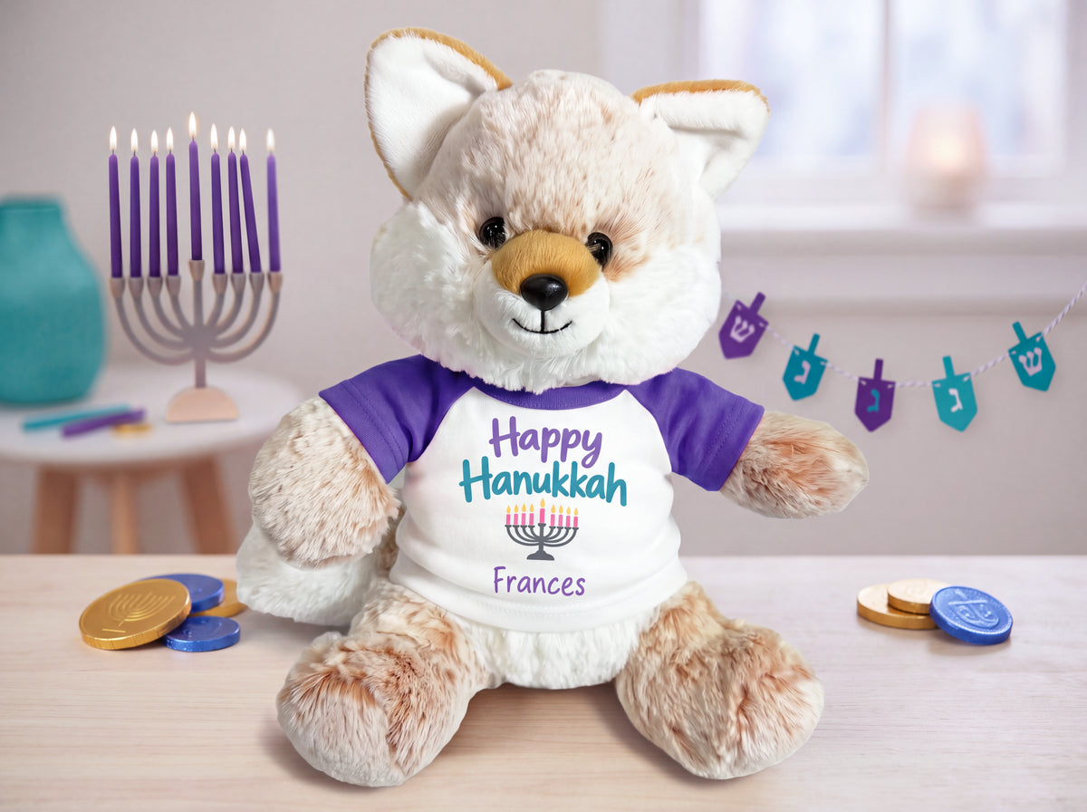 Personalized Hanukkah Stuffed Fox - 11 Inch Plush Fancy Fox - Happy Hanukkah or My First Hanukkah Design, Custom Hanukkah gift